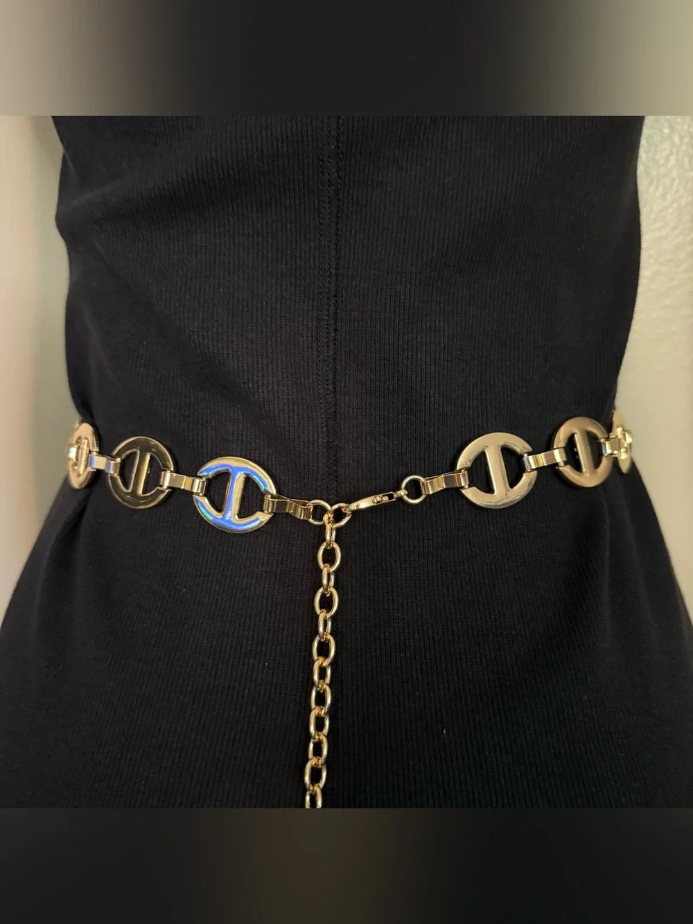 Gold tone metal chain belt with rhinestone details